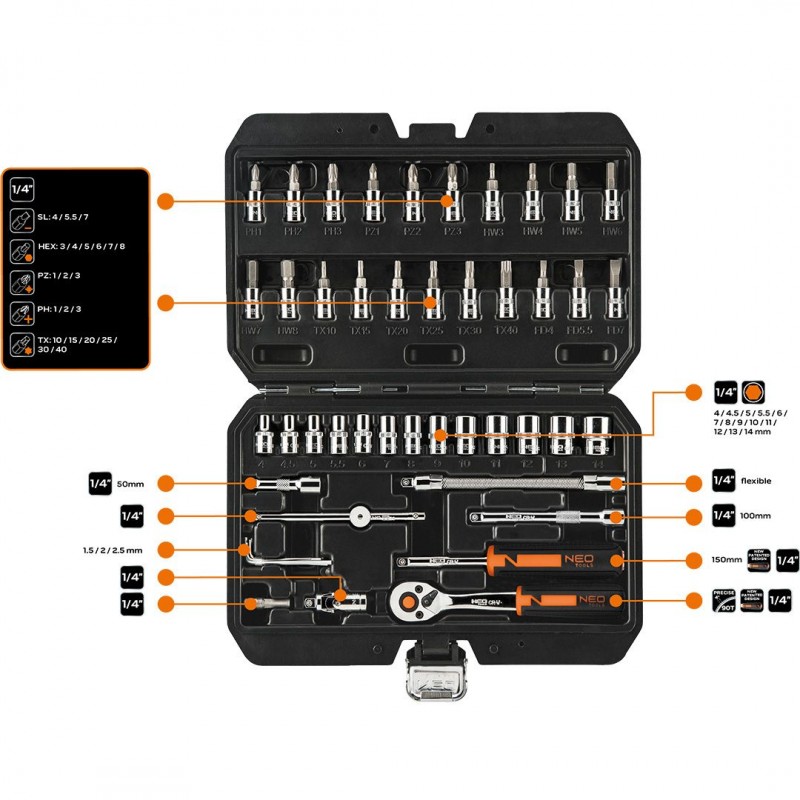 Neo Tools Набір інструментів, Набір торцевих головок, 46шт, 1/4", CrV, кейс