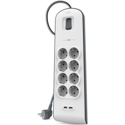 Belkin Подовжувач-фільтр мережевий 8хТип F, 3x1.5мм кв, 16А, 2xUSB-A 2.4A, з захистом від перенапруги, 2м, білий