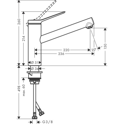 Hansgrohe Змішувач для кухні Zesis M33, довж.виливу - 220мм, поворотний, 1важіль, KM150, хром
