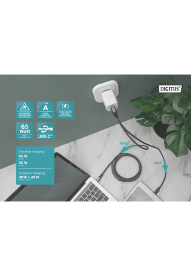 Digitus Зарядний пристрій 2хUSB-C, 65W, GaN