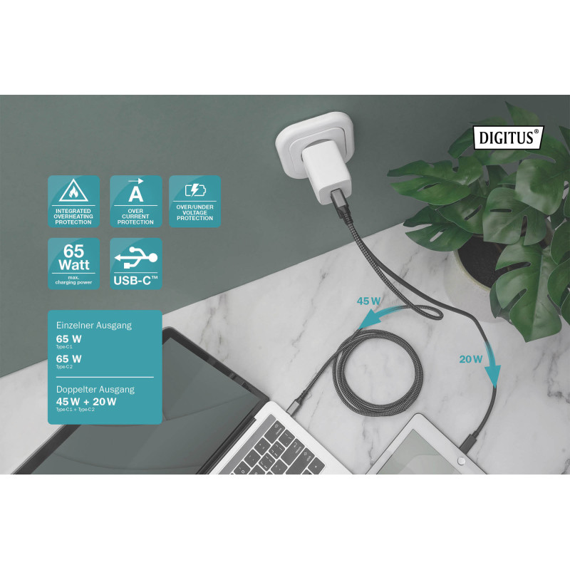 Digitus Зарядний пристрій 2хUSB-C, 65W, GaN