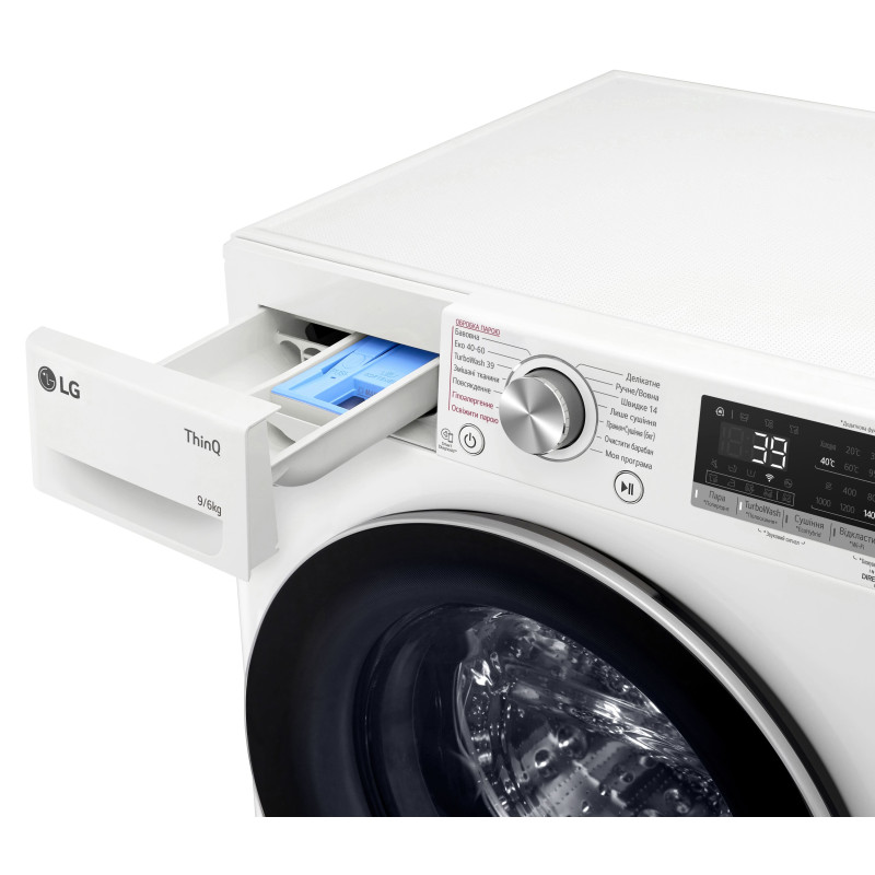 LG Прально-сушильна машина фронтальна, 9(6)кг, 1400, А, 56см, дисплей, пара, інвертор, білий