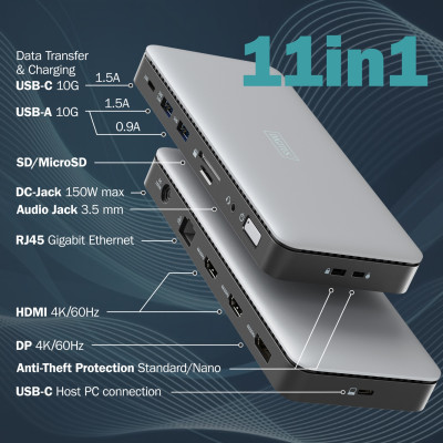 Digitus Док-станція USB-C > 2xHDMI/DP/2xUSB-A/USB-C/SD/MicroSD/RJ54/DC/Audio