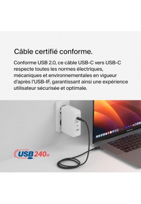 Belkin Кабель USB-C > USB-C заряджання/синхронізації 2м, 240Вт, Type-C, плетений, чорний