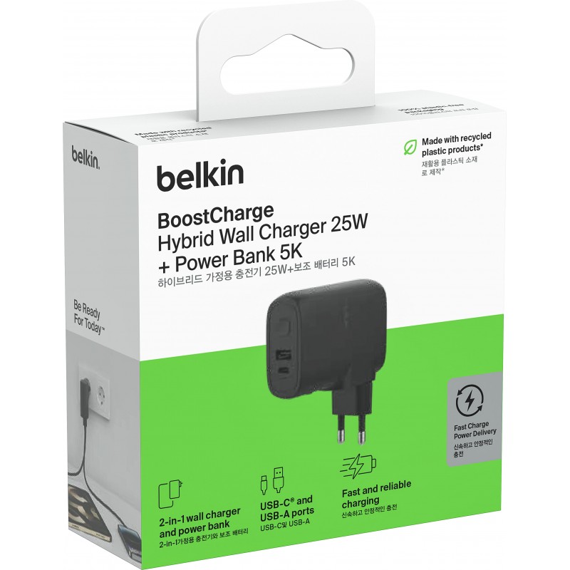 Belkin Зарядний пристрій мережевий 25Вт USB-С PD, PowerBank 5000мА·год, кабель USB-C > USB-C, 1м, чорний
