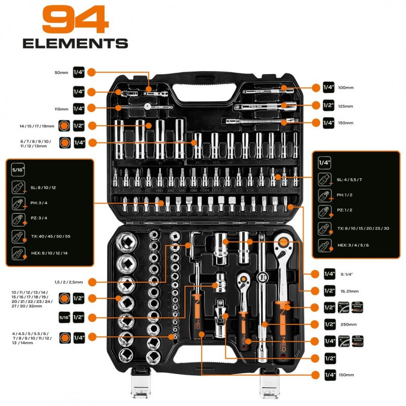 Neo Tools Набір інструментів, Набір торцевих головок, 94шт, 1/2", 1/4", CrV, кейс