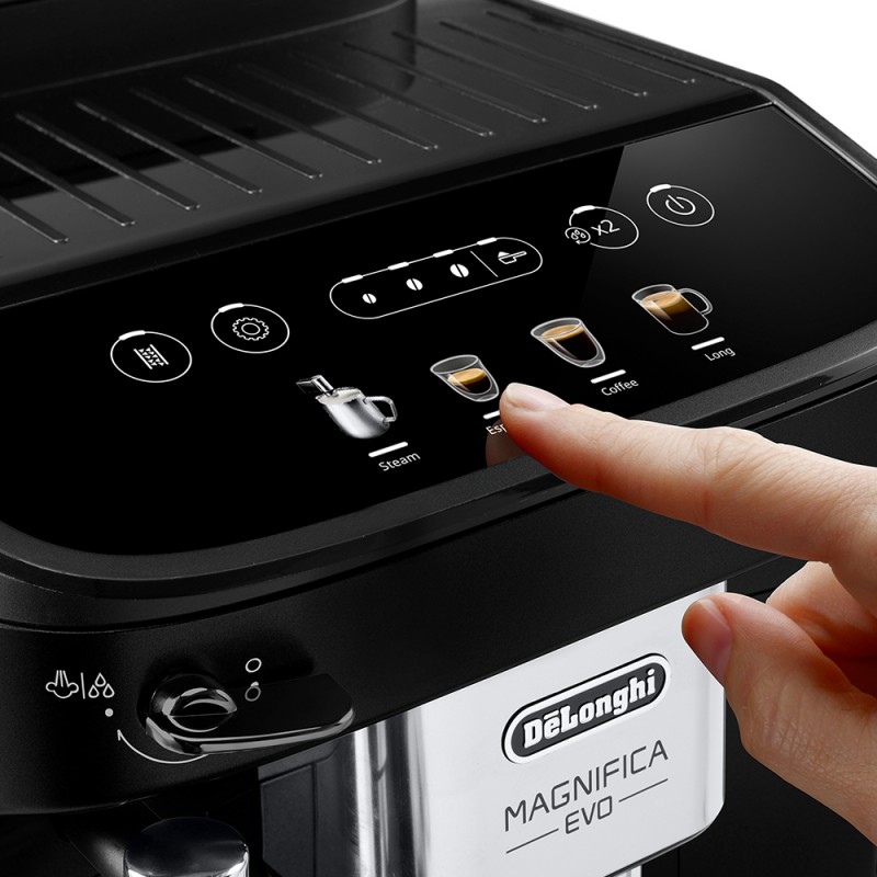 Delonghi Кавомашина Magnifica Evo, 1.8л, зерно+мелена, ручний капуч, дисплей, авторецептів -4, чорний