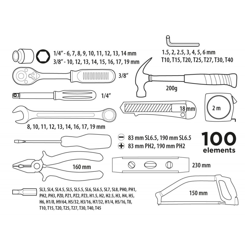 Top Tools Набір інструментів, 1/4", 3/8", 100шт, універсальний