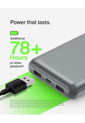 Belkin Акумулятор портативний літій-іонний Power Bank 20000мА·год, 15Вт, 2хUSB-A/USB-C, cірий