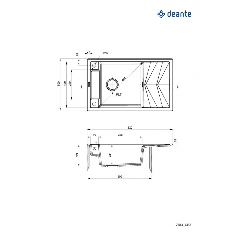 Deante Мийка кухонна Magnetic, граніт, прямокутник, з крилом, 820х500х219мм, чаша - 1, накладна, металічний графіт