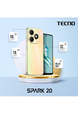 TECNO Смартфон Spark 20 (KJ5n) 6.56" 8/256ГБ, 2SIM, 5000мА•год, Neon Gold