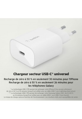 Belkin Зарядний пристрій мережевий 25Вт USB-С PD PPS, кабель USB-С > Lightning, 1м, PVC, білий