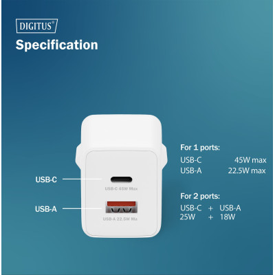 Digitus Зарядний пристрій GaN 1хUSB-C, 1хUSB-A, 45W