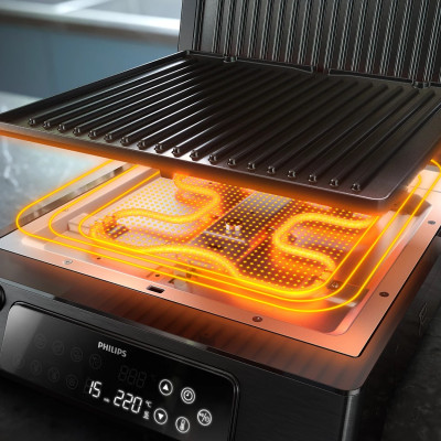 Philips Гриль притискний Series 7000, 2200Вт, з`ємні пластини,терощуп, розкриття на 180°, метал, чорний