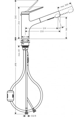 Hansgrohe Змішувач для кухні Zesis M33, довж.виливу - 219мм, витяжний, 1важіль, KM150, сталь