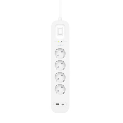 Belkin Подовжувач мережевий 2м, 4хТип, 16А, USB-A/USB-C 18Вт, фільтр, білий