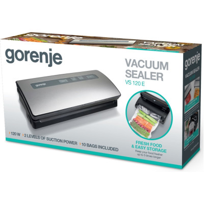 Gorenje Вакуумний пакувальник VS120ES/електроне упр/120 Вт./ф-ція запаювання та вакуумування/сріблястий