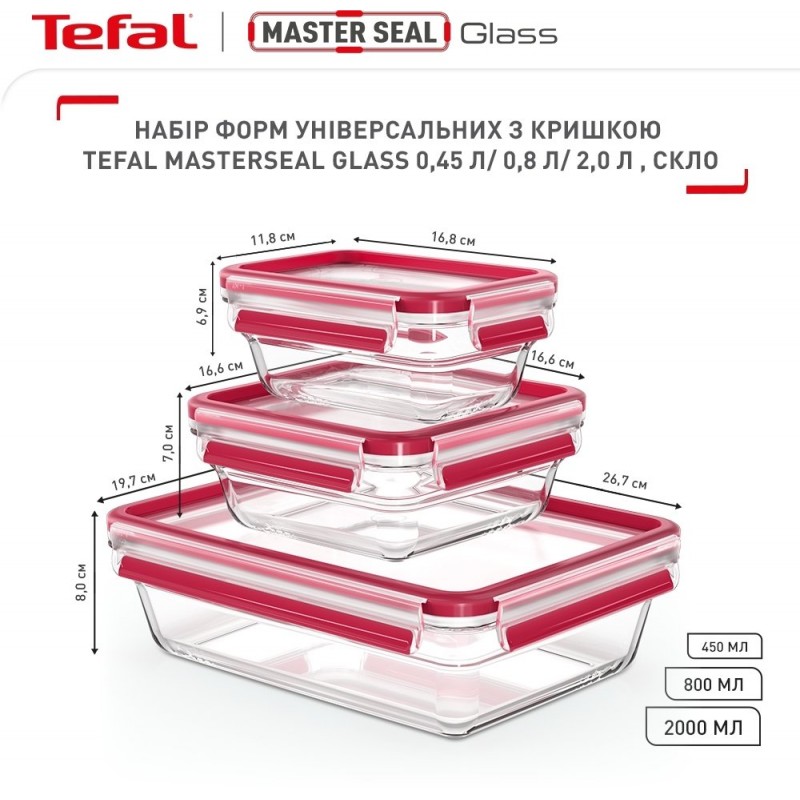 Tefal Набір контейнерів Master Seal, 3шт, жаростійке скло, прозорий