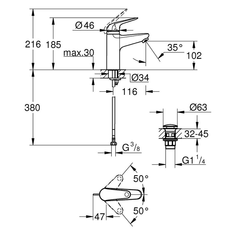Grohe Змішувач для раковини Swift М довж. виливу - 102мм, неповоротний, 1 важіль, хром