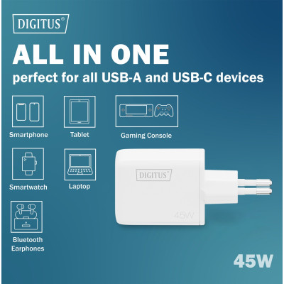 Digitus Зарядний пристрій GaN 1хUSB-C, 1хUSB-A, 45W