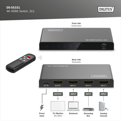 Digitus Відеокомутатор UHD HDMI (INx3 - OUTx1), 4K Digitus Відеокомутатор UHD HDMI (INx3 - OUTx1), 4K