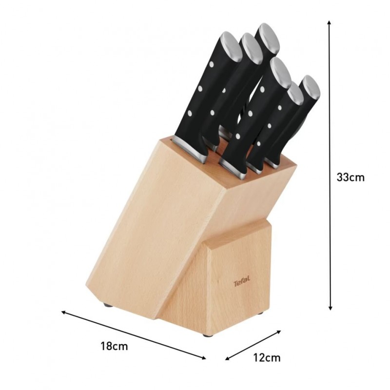 Tefal Набір ножів Ice Force, дерев'яна колода, 7шт, дерево, пластик, нержавіюча сталь, чорний