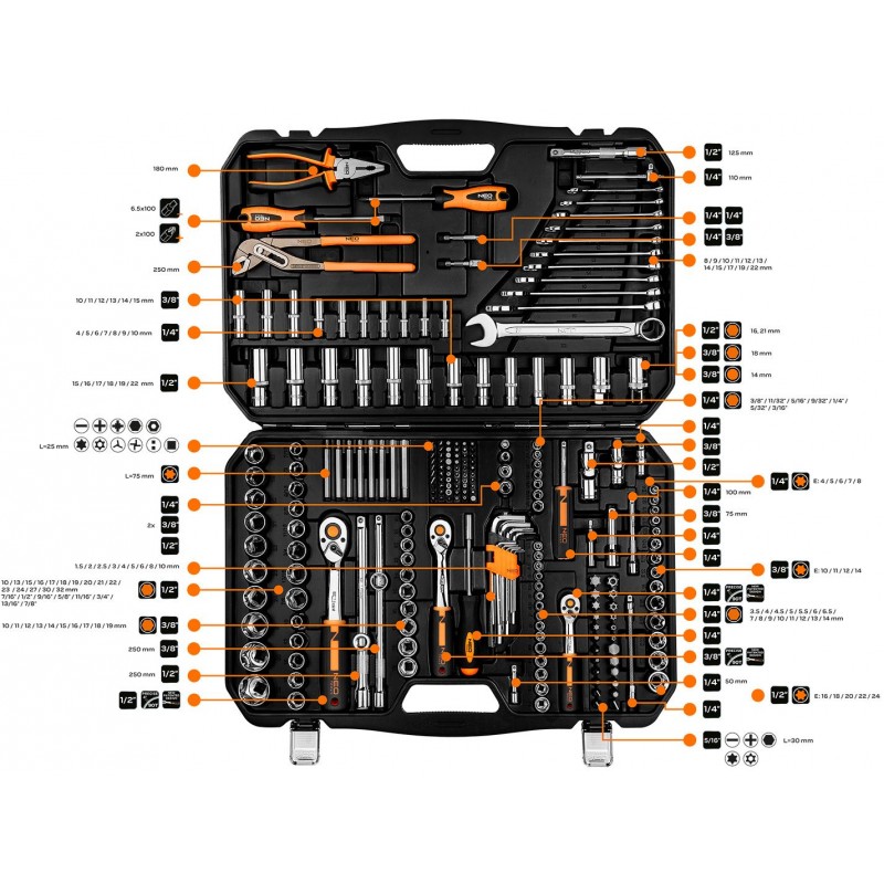 Neo Tools Набір інструментів, 233шт, 1/2", 1/4", 3/8", CrV, кейс