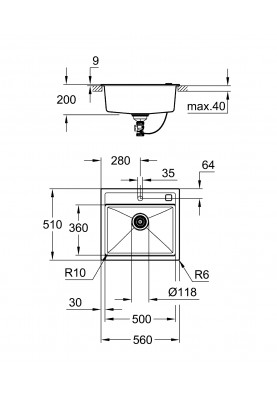 Grohe Мийка кухонна K700, граніт, прямокут., без крила, 560x510x200мм, чаша - 1, врізна, сірий граніт