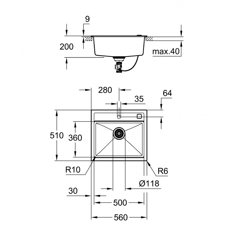 Grohe Мийка кухонна K700, граніт, прямокут., без крила, 560x510x200мм, чаша - 1, врізна, сірий граніт