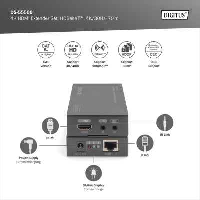 Digitus Набір подовжувачів HDMI, HDBaseT, UHD 4K*2K@30Гц, (Cat 5E, 6, 7), 70м