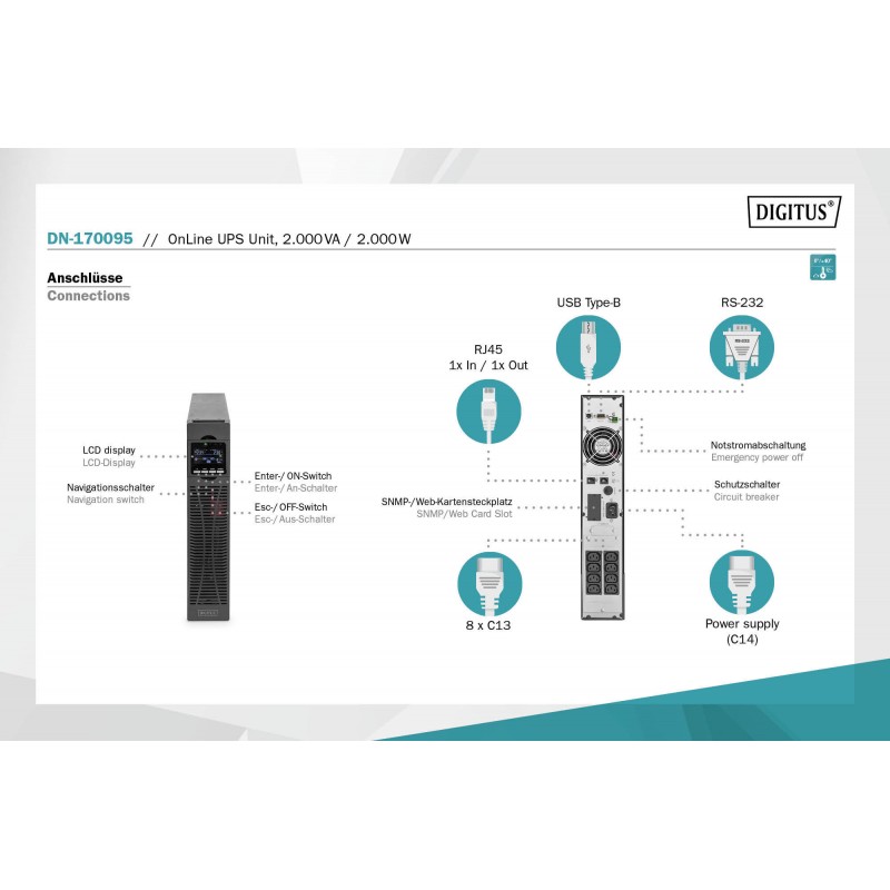 Digitus ДБЖ OnLine, 2000VA/2000W, LCD, 8xC13, RJ45, RS232, USB, Rack/Tower