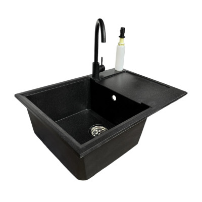 Adamant Набір кухонні Horizon Medium, штучний камінь, прямокут., з крилом, 700х500х230мм, чаша - 1, врізна, чорний + змішувач та дозатор