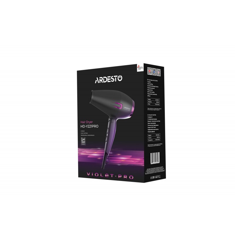 ARDESTO Фен Violet PRO HD-Y221PRO ,1750-2100Вт, 2 швидкості, 3темп.режими,дифузор, чорний