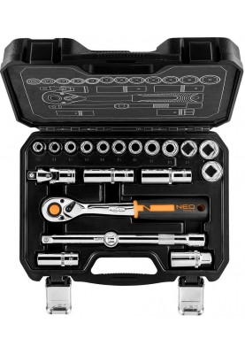 Neo Tools Набір інструментів, Набір торцевих головок, 20шт, 1/2", тріскачка 90 зубців, CrV, кейс
