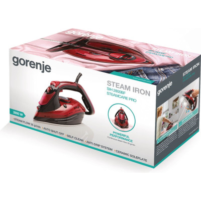 Gorenje Утюг, 2800Вт, 350мл, паровий удар -100гр, верт. відпарювання, антинакип, автовідключення, керам. підошва, червоний