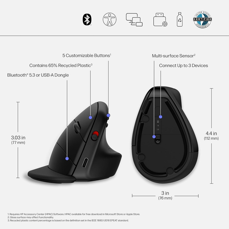 HP Миша 920 Ergonomic Vertical, USB-A/WL/BT, чорний