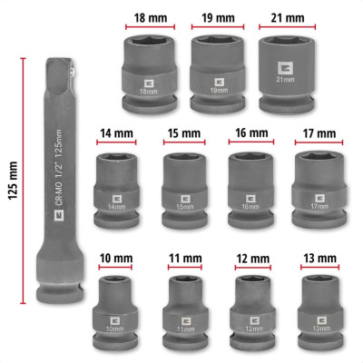 Einhell Набір ударних торцевих головок 40мм 1/2" 10-21 мм 12шт кейс 0.78кг Einhell Набір ударних торцевих головок 40мм 1/2" 10-21 мм 12шт кейс 0.78кг