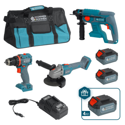 Könner & Söhnen Набір із трьох аккумуляторних інструментів Konner&Sohnen KS RHAGD 20V SET 3 PLUS 20В шурупокрут, шліфувальна машина кутова KS AG20V-125VR, перфоратор KS RH20V-22-4, ЗП 43А 43А.