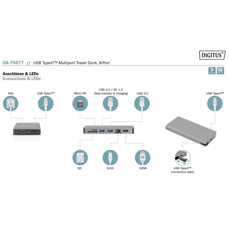 Digitus Док-станція Travel USB-C, 8 Port