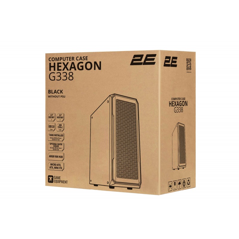 2E Gaming Корпус Hexagon G338 без БЖ 2xUSB3.0, 1xUSBType-C, 3x120мм ARGB, 1x120мм, VGA 330мм, LCS ready, HUB, TG Side Panel, ATX, чорний
