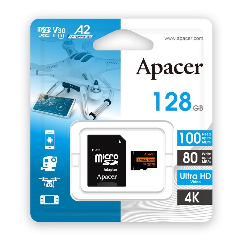 Apacer Карта пам'яті microSD 128GB C10 UHS-I U3 A2 R100/W80MB/s + SD