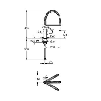 Grohe Змішувач для кухні Via Cosmo, довж.виливу - 236мм, поворотний/гнучкий, 1важіль, супер сталь