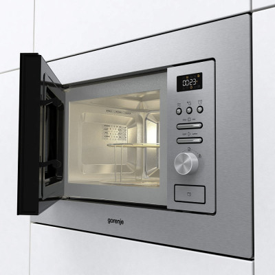 Gorenje Мікрохвильова піч вбудовувана, 20л, міх. управл., 800Вт, гриль, дисплей, інвертор, нерж