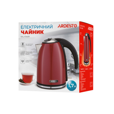 ARDESTO Електрочайник EKL-F340R 1.7л/2200Вт/strix контроль/нерж. сталь/червоний