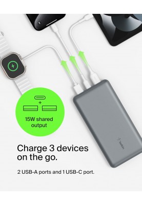 Belkin Акумулятор портативний літій-іонний Power Bank 20000мА·год, 15Вт, 2хUSB-A/USB-C, cірий