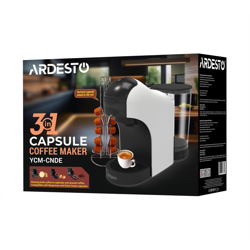 ARDESTO Кавоварка капсульна, 0.8л, капсули Nespresso, Nescafe Dolce Gusto, мелена кава, сенсорне керування, білий