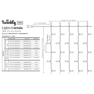 Twinkly Pro Smart LED Гірлянда Twinkly Pro Curtain RGB 250, AWG22, IP65, прозорий