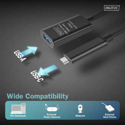Digitus Подовжувач DIGITUS USB 3.2 Gen2 Active Cable 10G, C/M-A/F, 5м, чорний