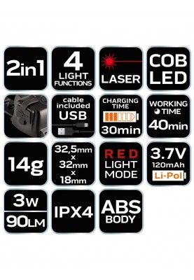 Neo Tools Ліхтар акумуляторний 2в1, 120мАг, 90лм, 3Вт, лазер, 4 функції освітлення, IPX4