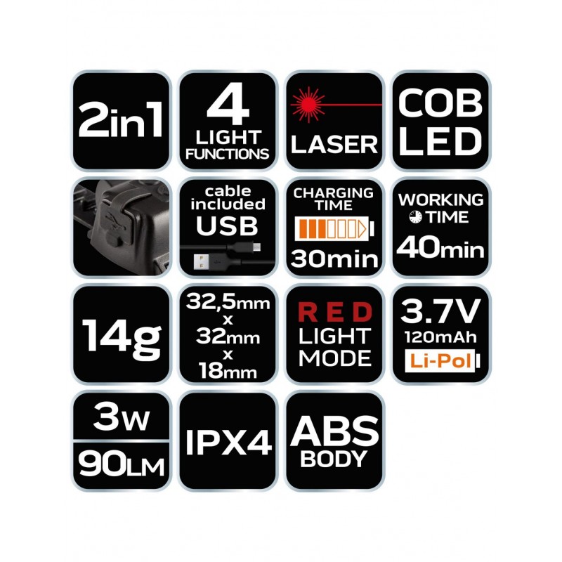 Neo Tools Ліхтар акумуляторний 2в1, 120мАг, 90лм, 3Вт, лазер, 4 функції освітлення, IPX4